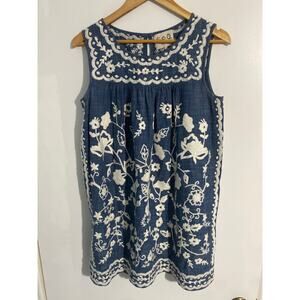 Sea New York shift dress women size 4 blue white embroidered cotton boho peasant